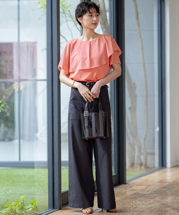 23区 S 【汗じみ防止/洗える】スムースデザイン ラッフルカラー カットソー ダークアプリコット系