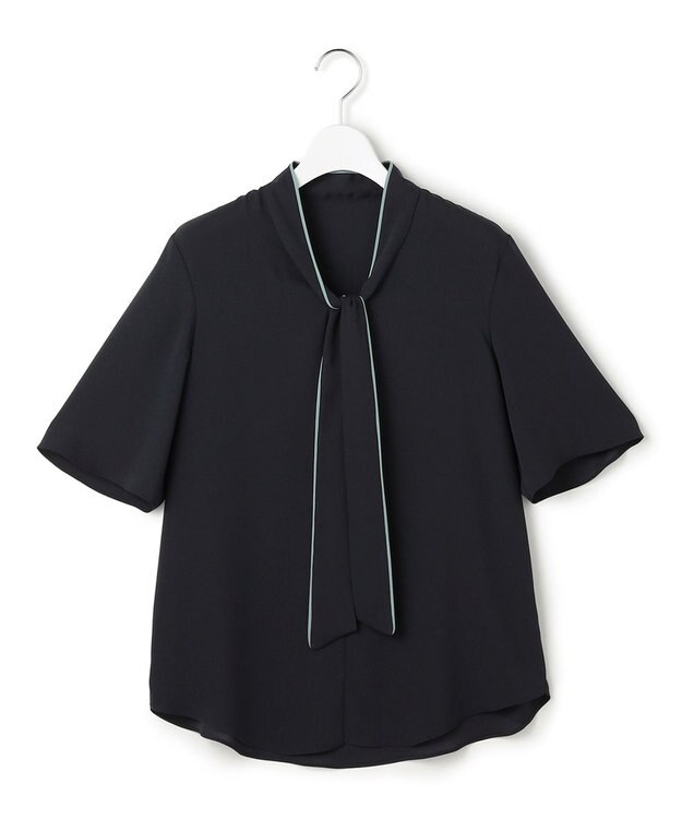 ICB L 【新色追加】BackSatinAmunzen 5分袖配色ボウタイブラウス ネイビー×ダークセージ