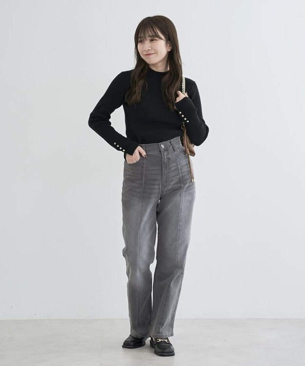 Green Parks もちやわ　袖口釦リブニットプルオーバー Black