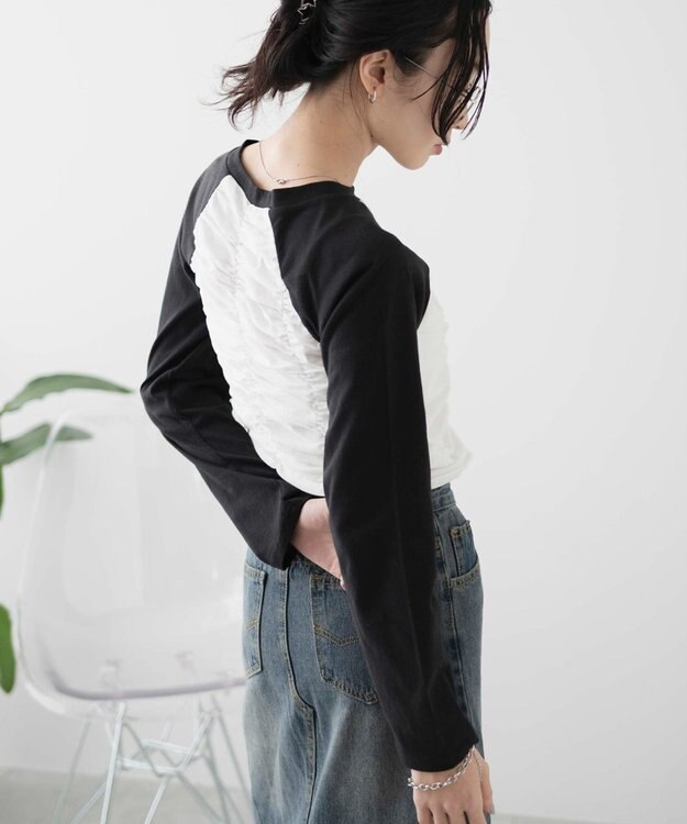 WEGO シャーリングデザインラグランロンT ブラック