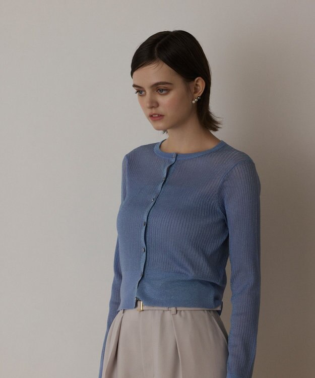 GRACE CONTINENTAL ラメリブシアーニットカーディガン ブルー