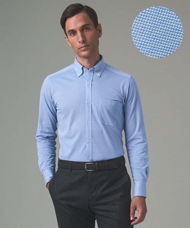 GOTAIRIKU 胸ポケット付にアップデート【吸水速乾/ストレッチ】クールマックス鹿の子 ビズシャツ_ボタンダウン サックスブルー系