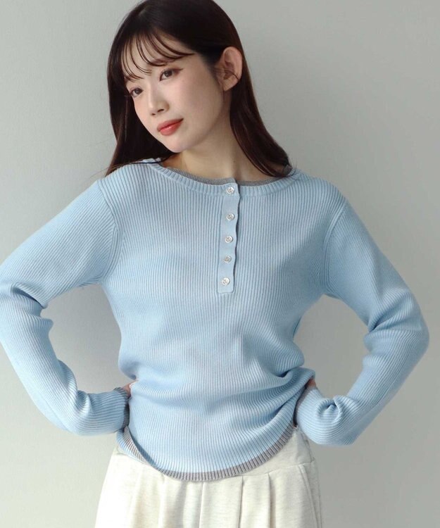 earth music&ecology バイカラーヘンリーネックニットプルオーバー Sax