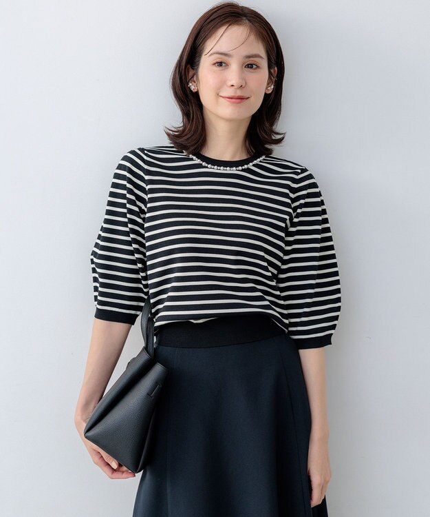 組曲 【WEB限定】クリアストレッチビジューレーン6分袖 ニット ボーダー系2