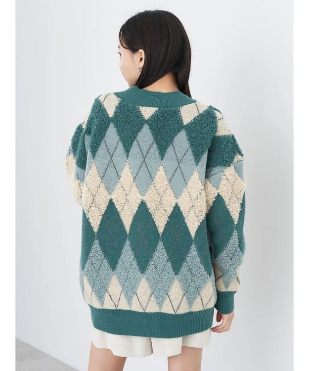 earth music&ecology ループ編みアーガイルカーディガン Green