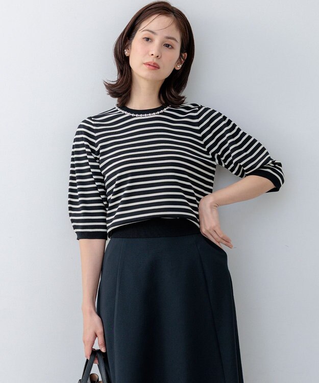 組曲 【WEB限定】クリアストレッチビジューレーン6分袖 ニット ボーダー系2