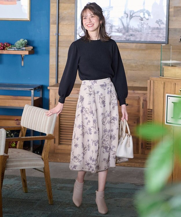 ANY SIS 【洗える】フロッキーオンフラワー スカート アイボリーベース