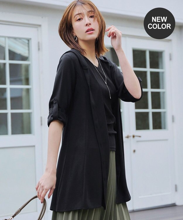 Tiaclasse 【新色追加・洗える】麻調パーカーチュニックブラウス ブラック