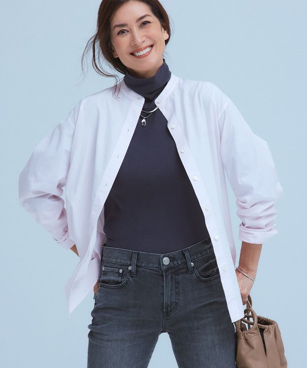 23区 L 【洗える】CANCLINI バンドカラー シャツ ピンクストライプ