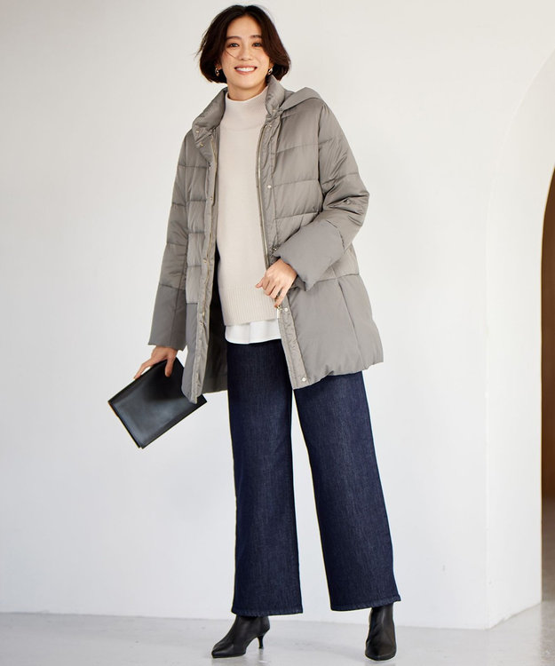 自由区 L 【撥水加工・洗える】ブライトダウンフード付き ダウンコート カーキグレー