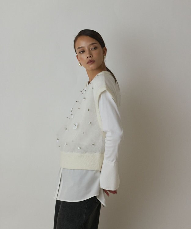 GRACE CONTINENTAL チュール刺繍ニットトップ ホワイト