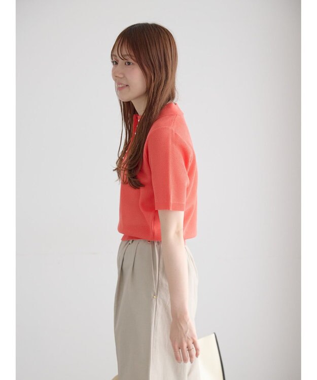 Te chichi 【マシンウォッシャブル】パール釦メッシュニットポロ オレンジ
