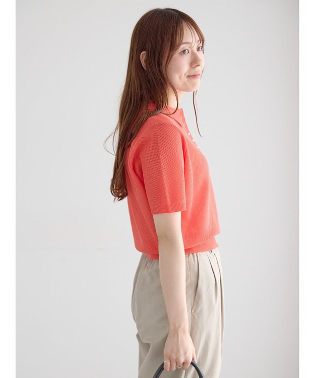 Te chichi 【マシンウォッシャブル】パール釦メッシュニットポロ オレンジ