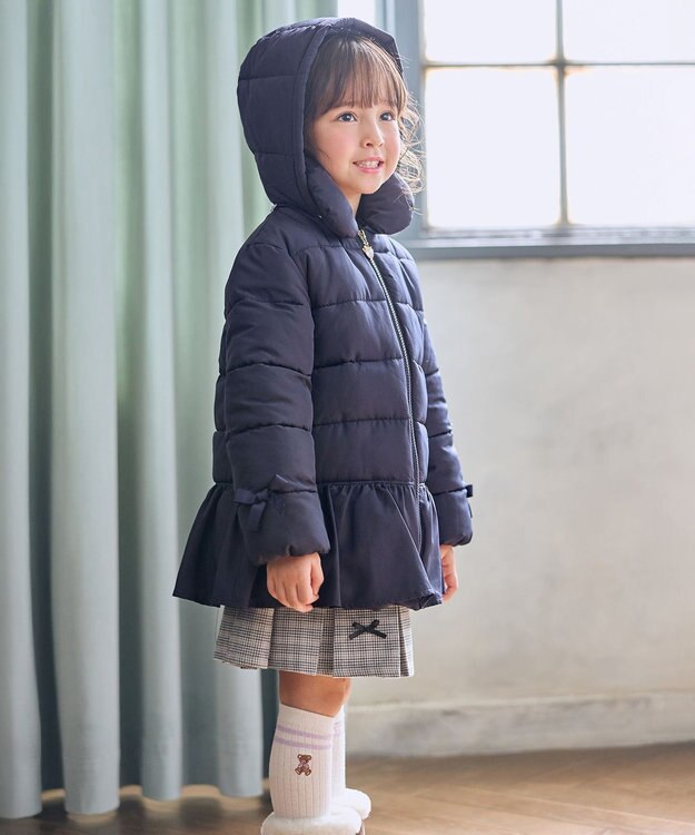 ANY KIDS 【フード取り外し/洗濯機可能】中綿フリル リボンコート ネイビー