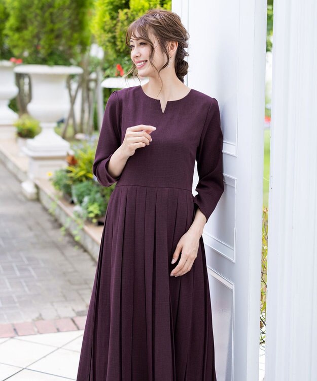 Tiaclasse 【洗える】プリーツワンピース ワイン