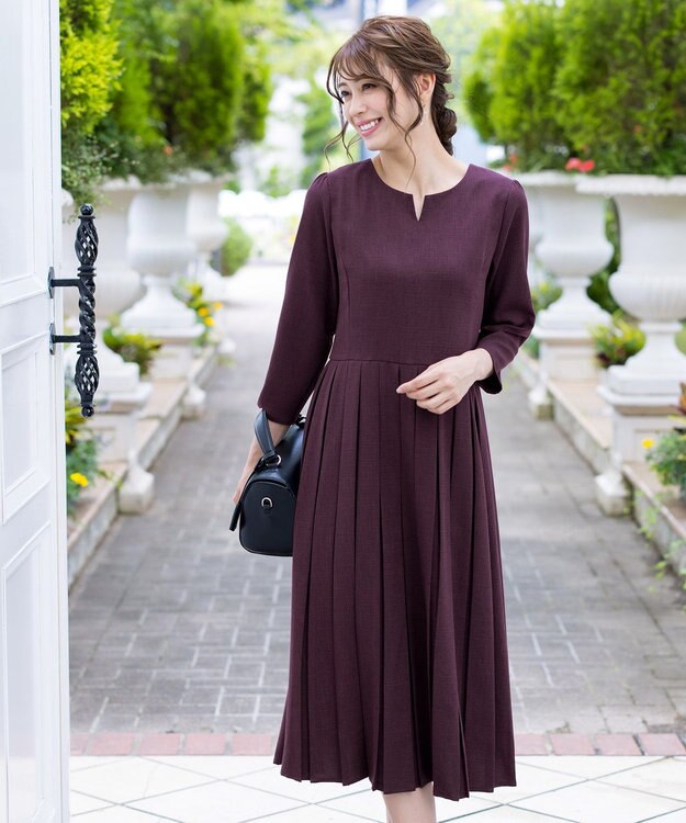 Tiaclasse 【洗える】プリーツワンピース ワイン