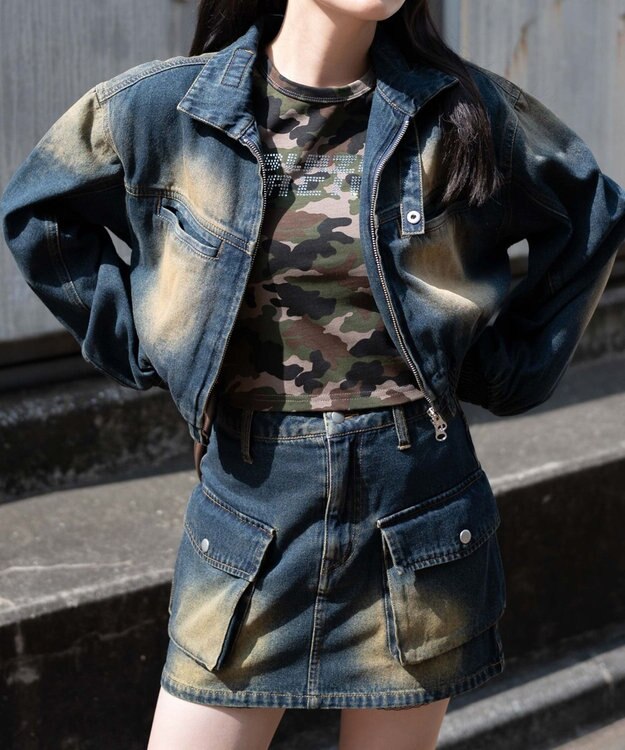 WEGO ヴィンテージウォッシュバイカージャケット デニム濃加工色