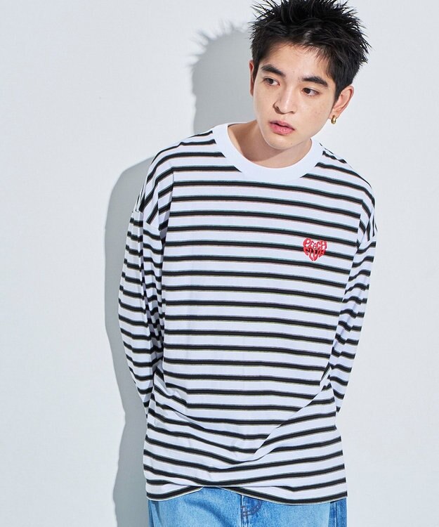 WEGO 【MLサイズ展開】ボーダーワンポイントT（LS） ホワイトボーダー