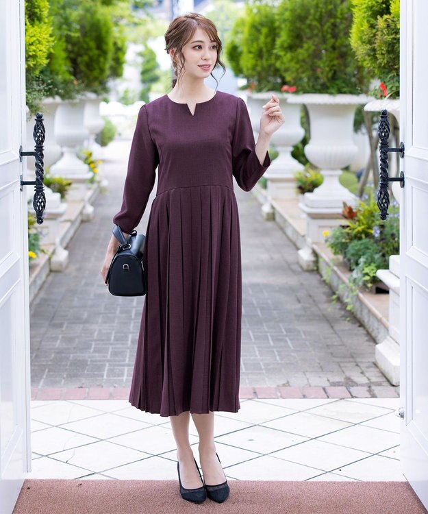 Tiaclasse 【洗える】プリーツワンピース ワイン