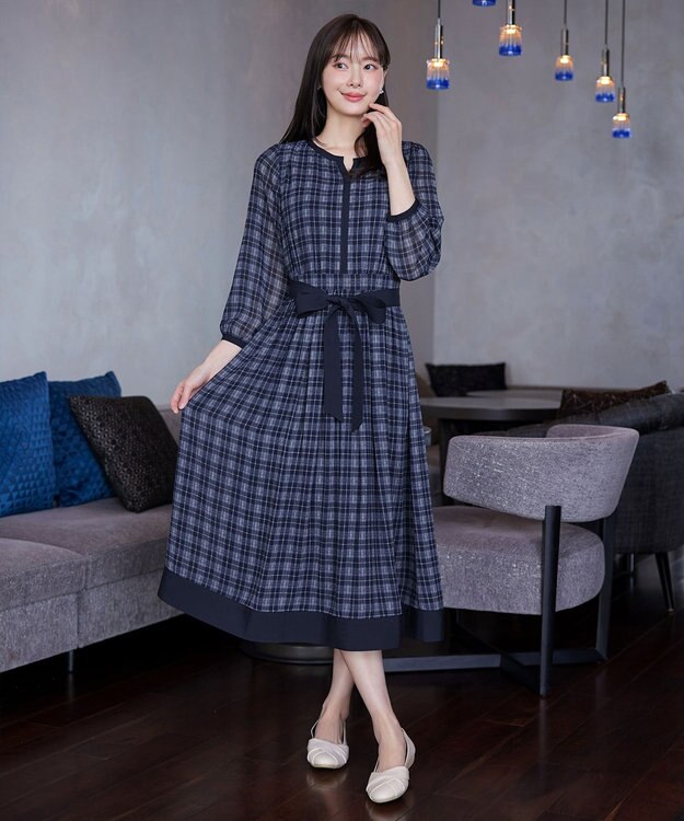 Tiaclasse L シアーチェック配色ワンピース ネイビー