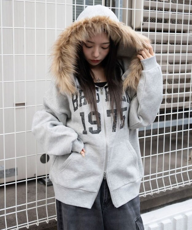 WEGO 裏起毛ファーフードBIGZIPパーカー 杢グレー