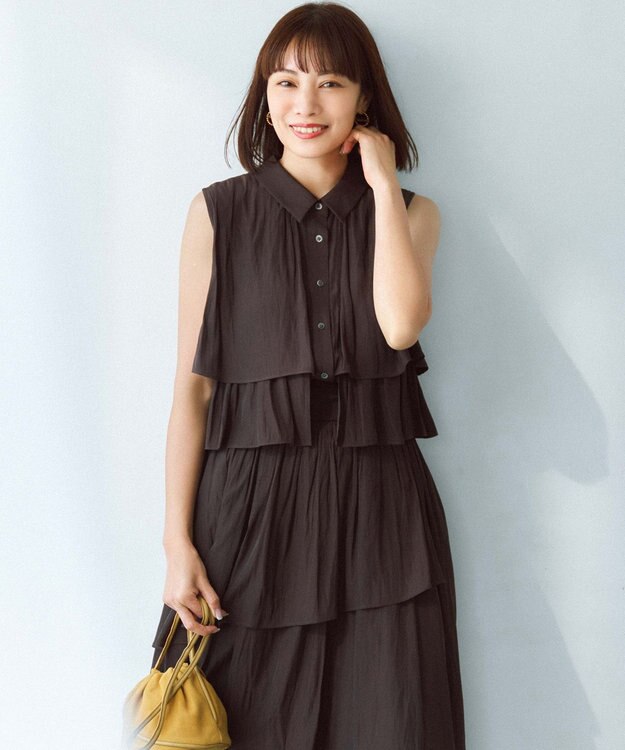 組曲 【入江未悠さんコラボ】ギャザーライトデシンティアード ブラウス チョコレートブラウン系