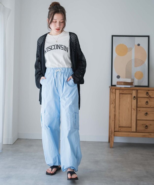 WEGO 【ウエストゴム】ナイロンイージーワイドカーゴパンツ サックス