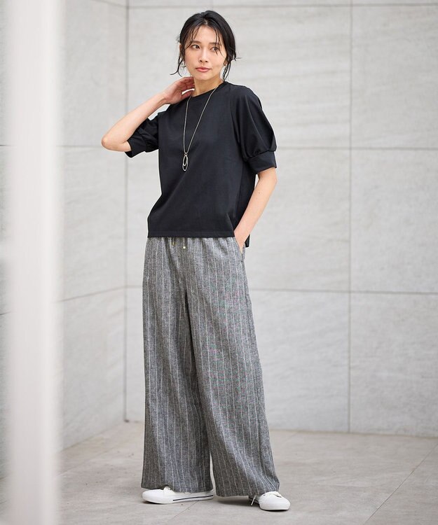 ANY 【ウエストゴム】リネンレーヨンワイドパンツ グレーストライプ