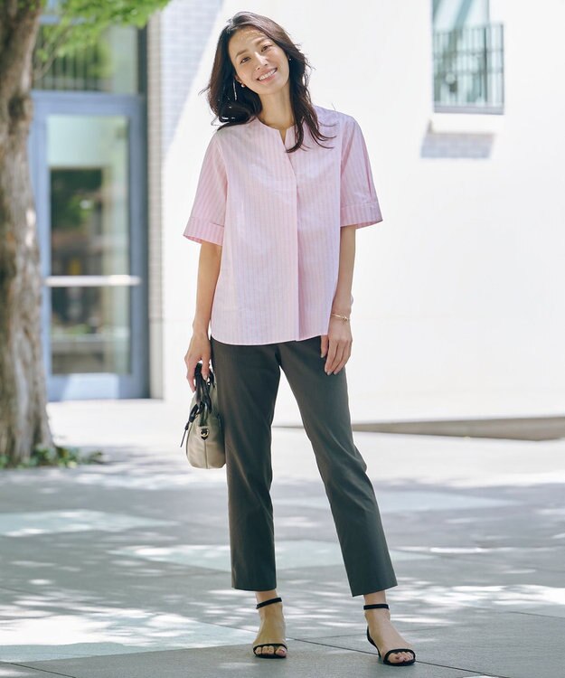 J.PRESS LADIES 【洗える】BEZ 空羽ストライプ クルーネック ブラウス ピンク系