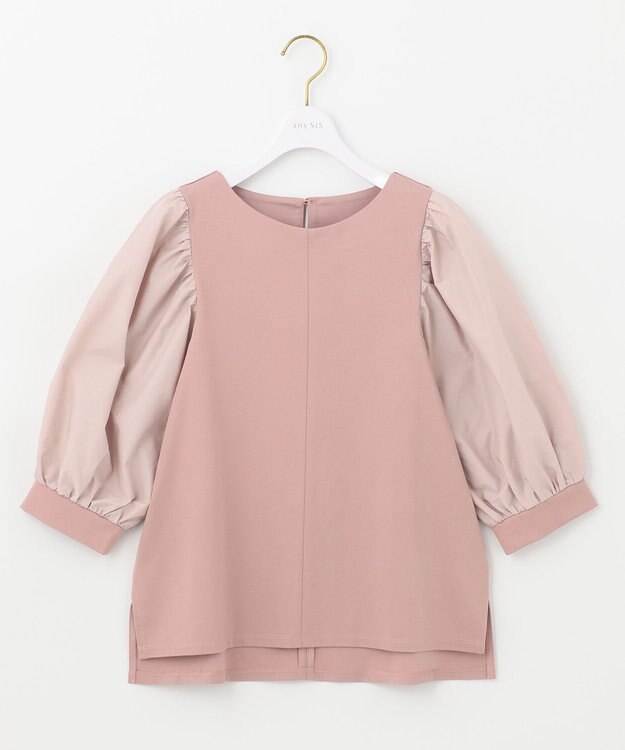 ANY SIS パフスリーブ異素材コンビ プルオーバー スモーキーピンク