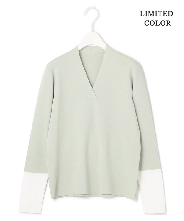 ICB 【WEB限定カラーあり・洗える】 シンセティックフルニードル Vネックプルオーバー ピスタチオ×オフホワイト系［WEB限定］