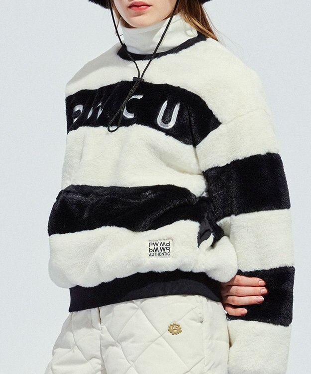 PW CIRCULUS 【ふわもこあったか/防寒/裏地付】【WOMEN】ボーダーフェイクファープルオーバー ブラック系1