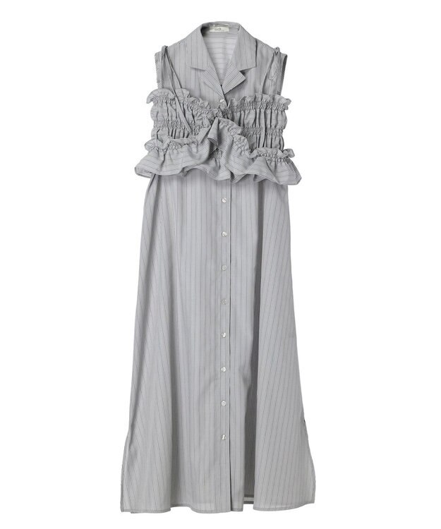 earth music&ecology ＳＥＴ２点シャーリングビスチェ×シャツワンピース Stripe Light Gray