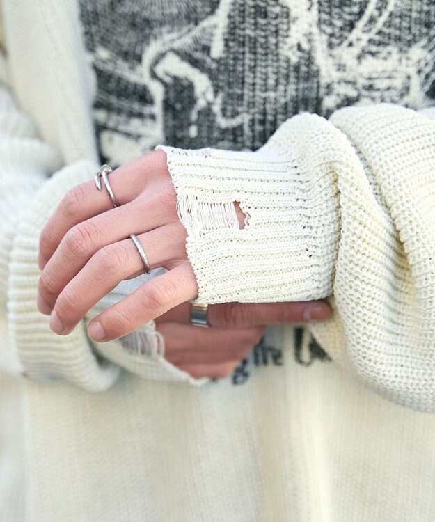 WEGO グラフィックダメージニットプルオーバー オフホワイト