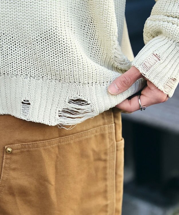 WEGO グラフィックダメージニットプルオーバー オフホワイト