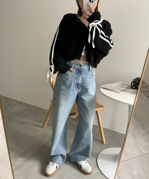 WEGO ラインリボンダブルジップニットパーカー ブラック