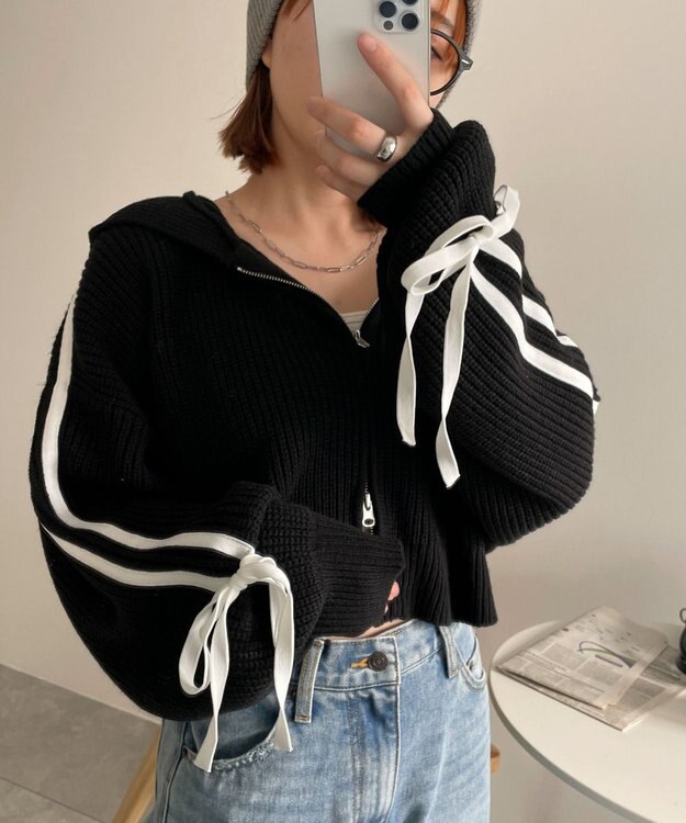 WEGO ラインリボンダブルジップニットパーカー ブラック