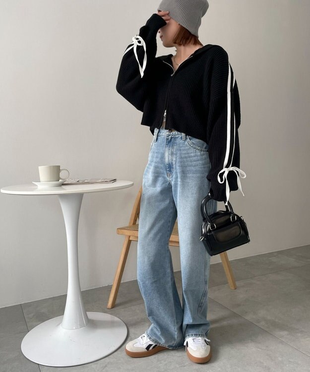 WEGO ラインリボンダブルジップニットパーカー ブラック