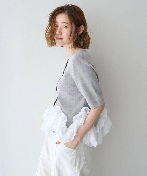 YECCA VECCA パール釦ラッフル5分袖カーディガン Gray mixture