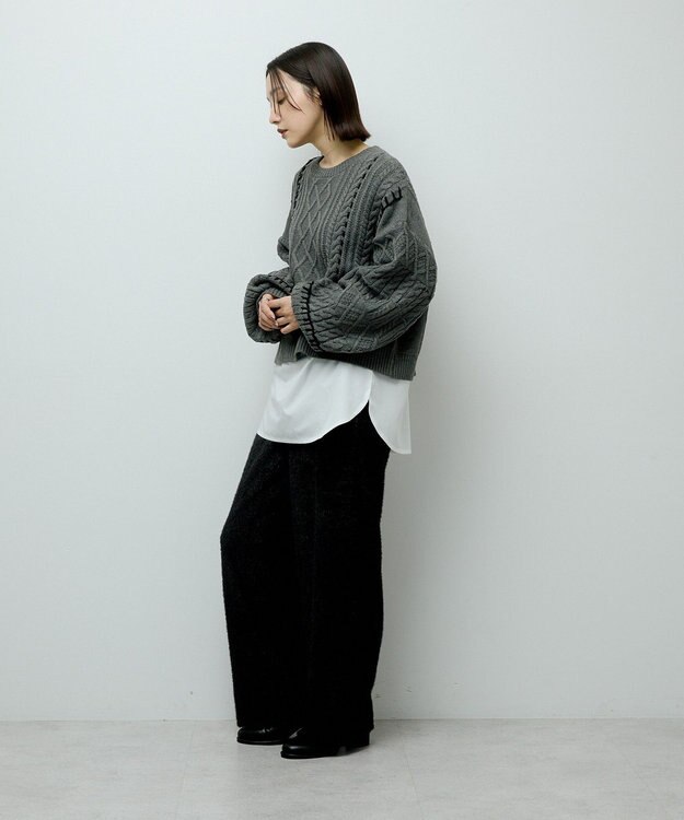 Green Parks ・ＥＬＥＮＣＡＲＥ　ＤＵＥ　ハンドステッチケーブルニッ Charcoal Gray