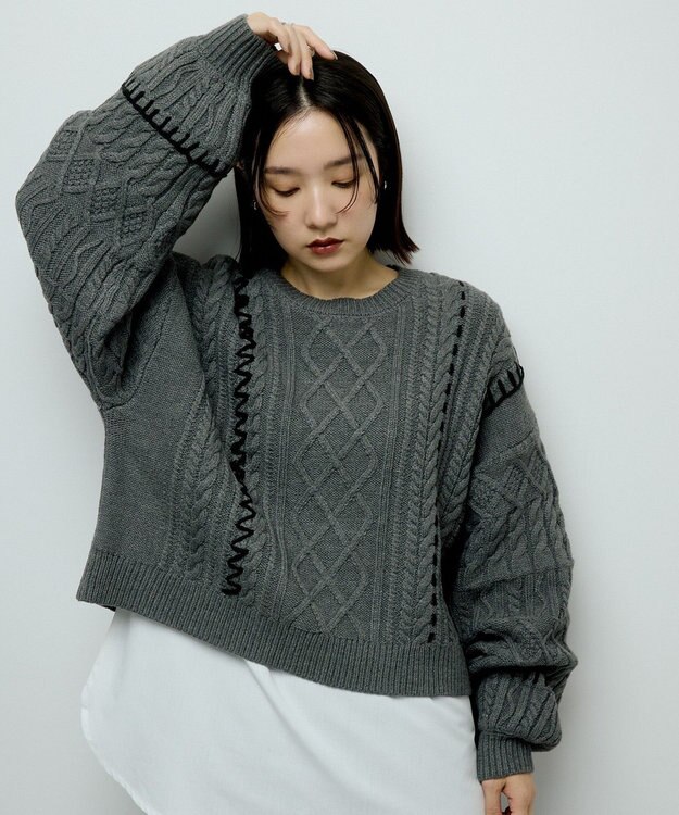 Green Parks ・ＥＬＥＮＣＡＲＥ　ＤＵＥ　ハンドステッチケーブルニッ Charcoal Gray