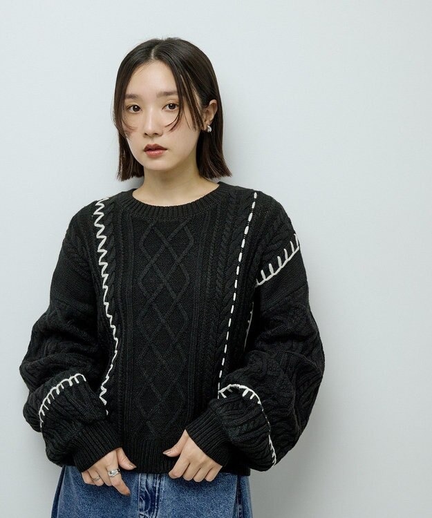 Green Parks ・ＥＬＥＮＣＡＲＥ　ＤＵＥ　ハンドステッチケーブルニッ Black