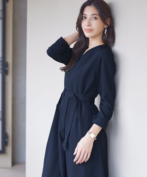 Tiaclasse 【ダブルクロス・洗える】 ナローVネックワンピース ネイビー