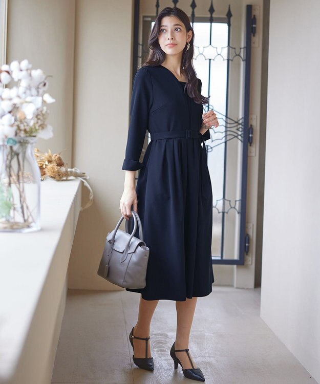 Tiaclasse 【ダブルクロス・洗える】 ナローVネックワンピース ネイビー