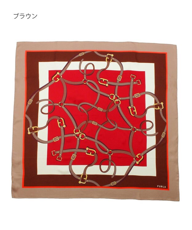 MOONBAT FURLA ビットチェーン柄シルク100%スカーフ 88×88cm ブラウン