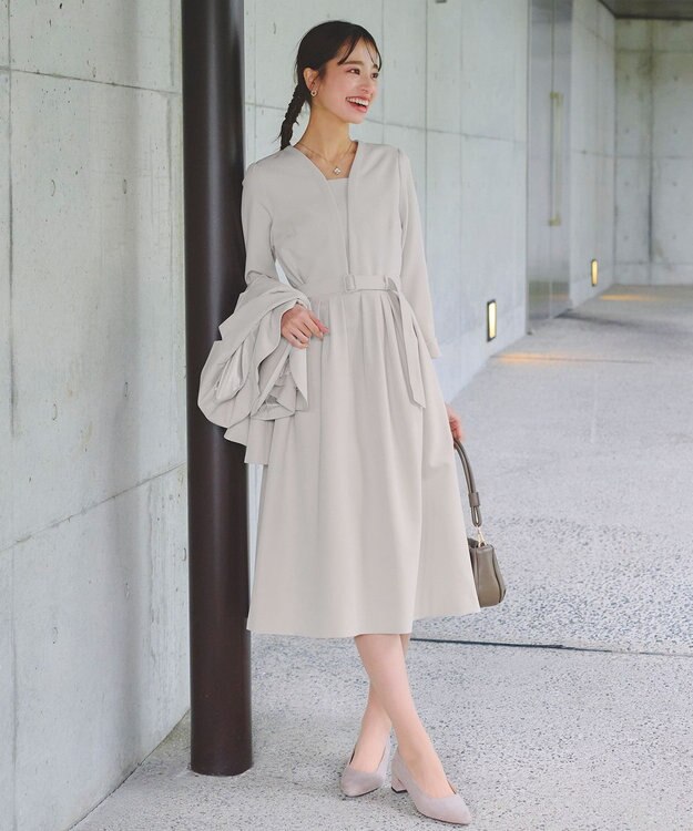 Tiaclasse 【ダブルクロス・洗える】 ナローVネックワンピース グレージュ