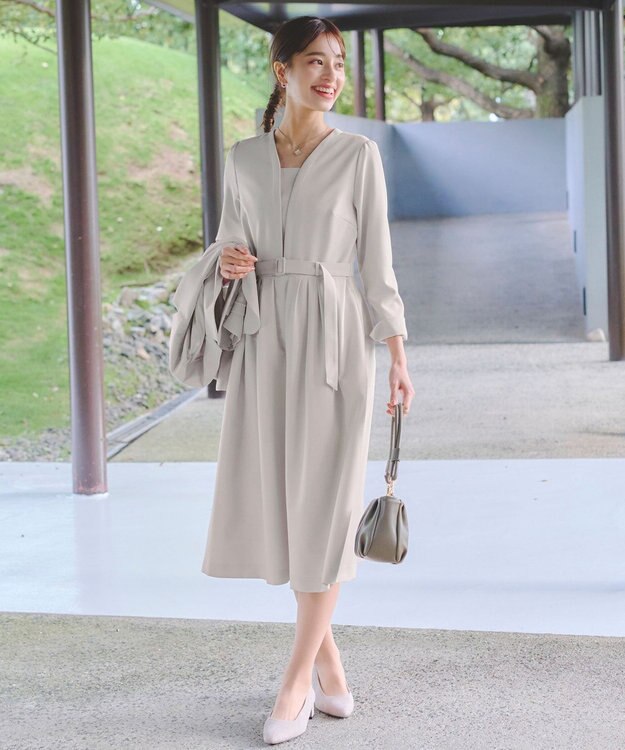 Tiaclasse 【ダブルクロス・洗える】 ナローVネックワンピース グレージュ