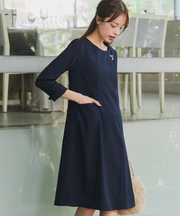 Tiaclasse 【洗える】チェックコンビエンパイアワンピース ネイビー