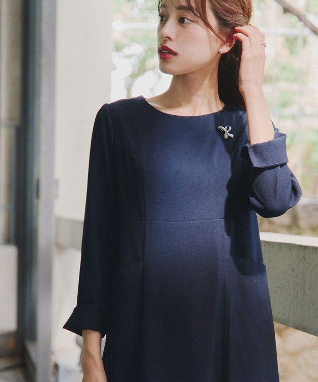 Tiaclasse 【洗える】チェックコンビエンパイアワンピース ネイビー