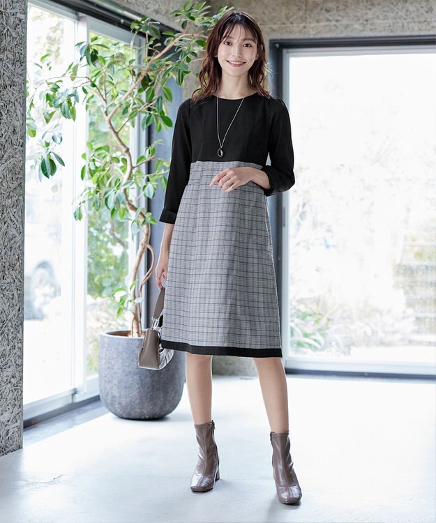 Tiaclasse 【洗える】チェックコンビエンパイアワンピース グレーチェック